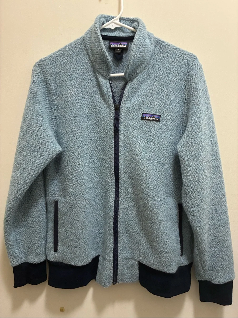 Patagonia Heather Light Blue Wool blend Fleece full zip with Navy Trim